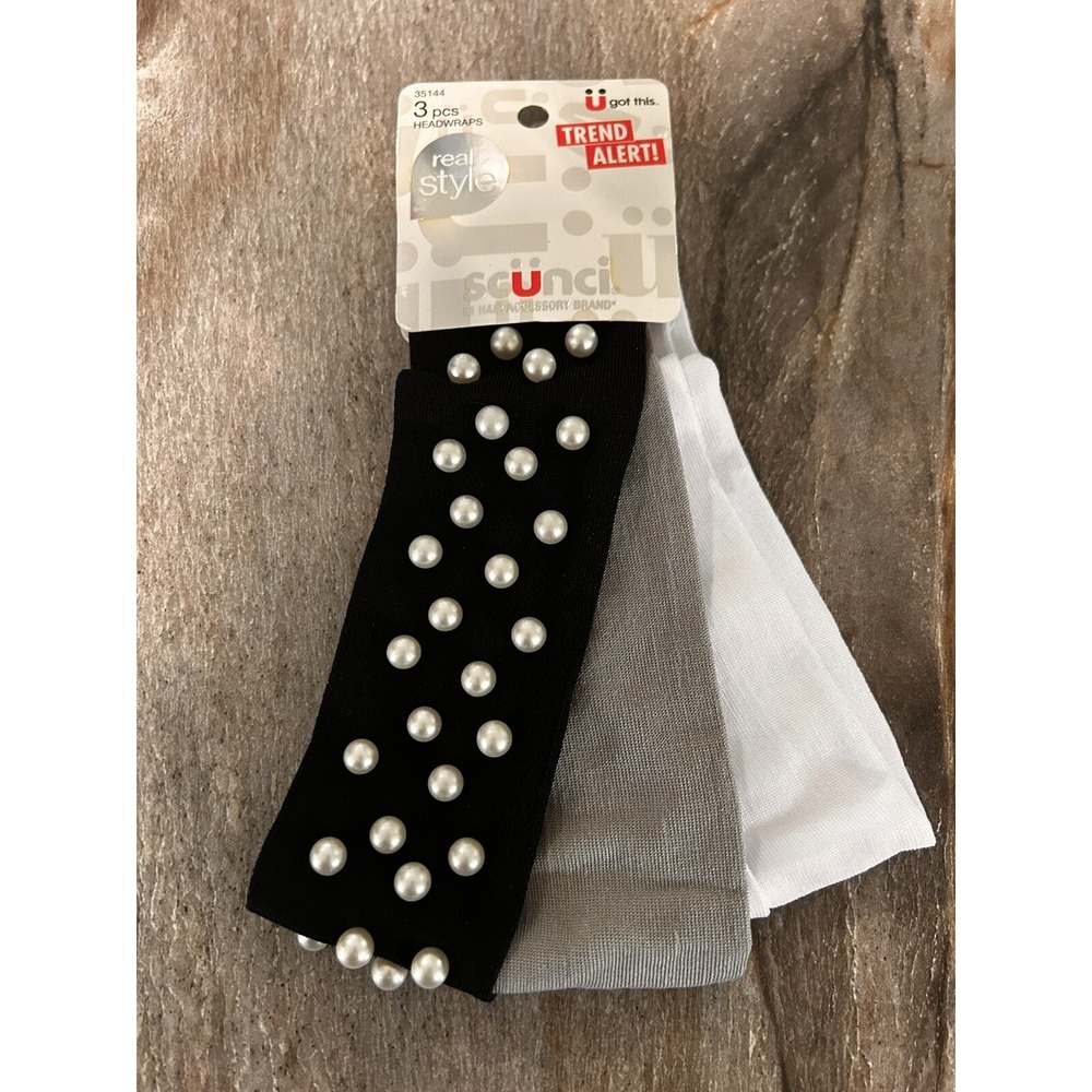 Headwraps Headbands 3-pack Gorgeous Black W/ Ivory Pearls White & Gray Scunci